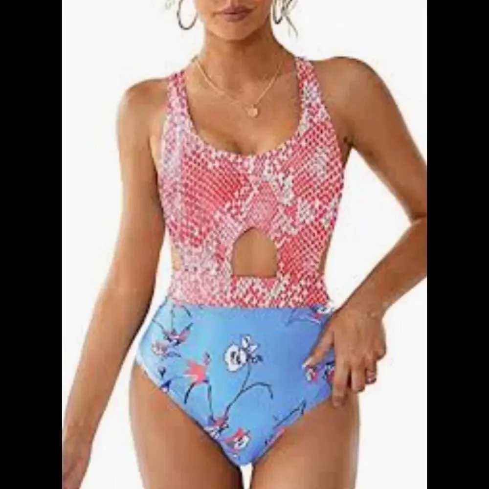 Mollybell Swimsuit Women’s Size S Beachwear One Piece Cutout Snake Print/Floral